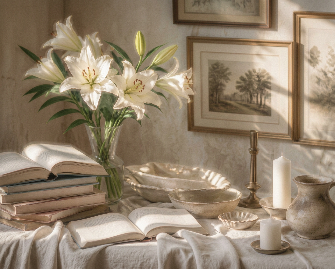 Lilien, Bücher und Keramik in weichem, analogem Fensterlicht