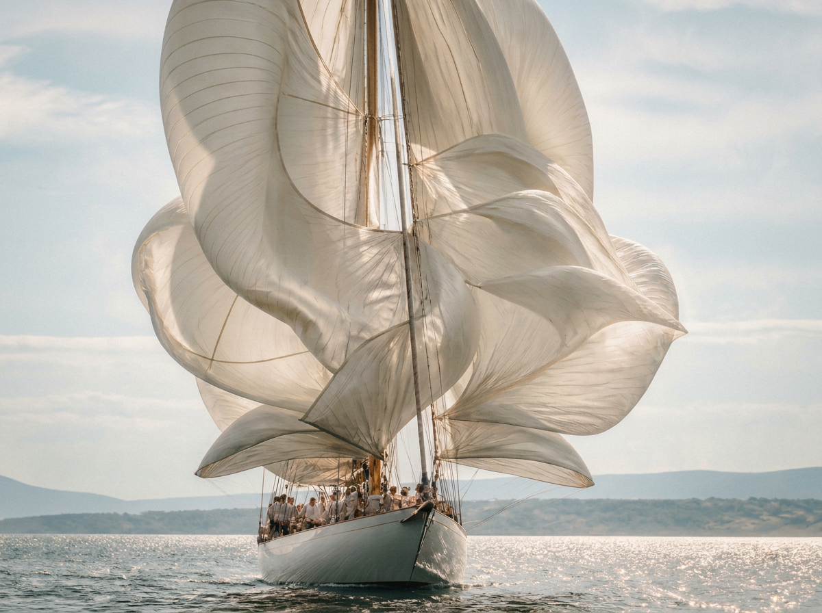 Segelboot mit skulpturalen Stoffsegeln in gedämpftem Licht