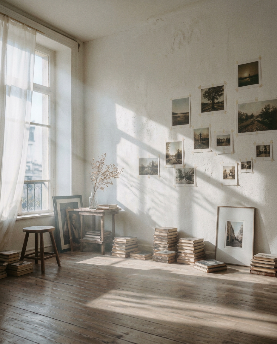 Intimer Atelierraum mit Büchern, Bildern und tiefen Fensterschatten